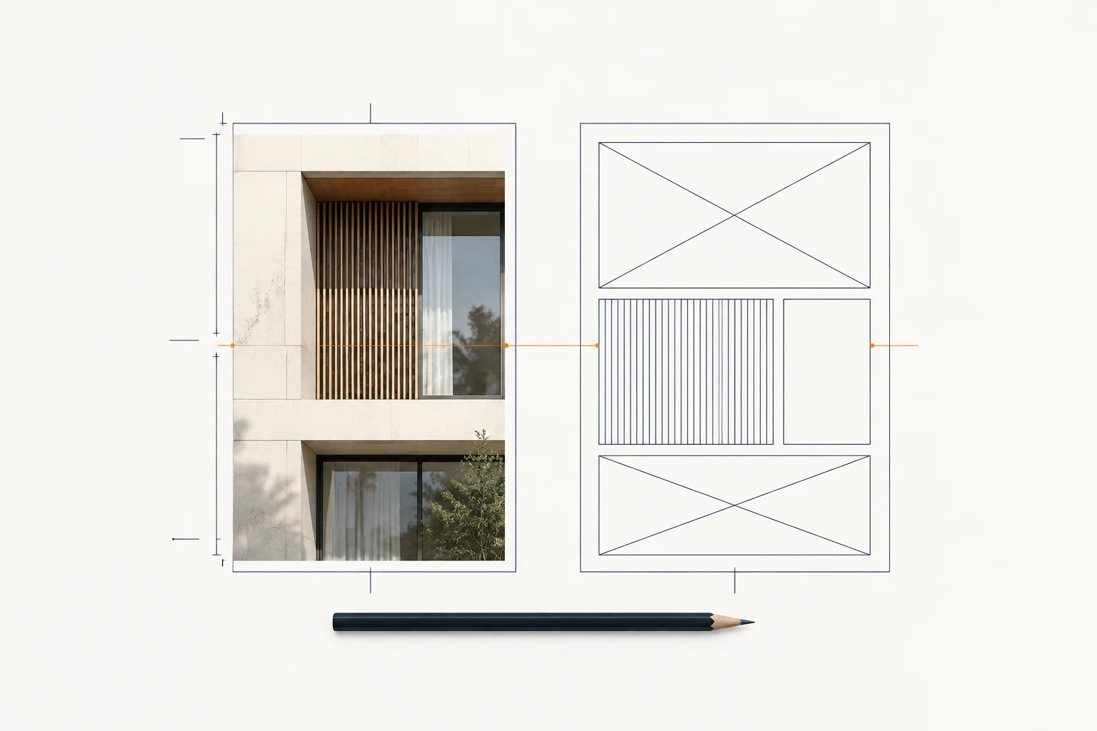 Editorial illustration pairing a website design with its technical blueprint
