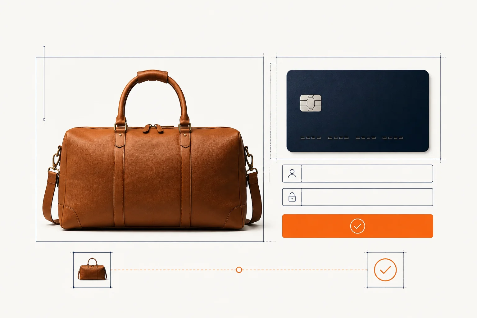 Concept commerce illustration of a leather bag purchase beside a card checkout