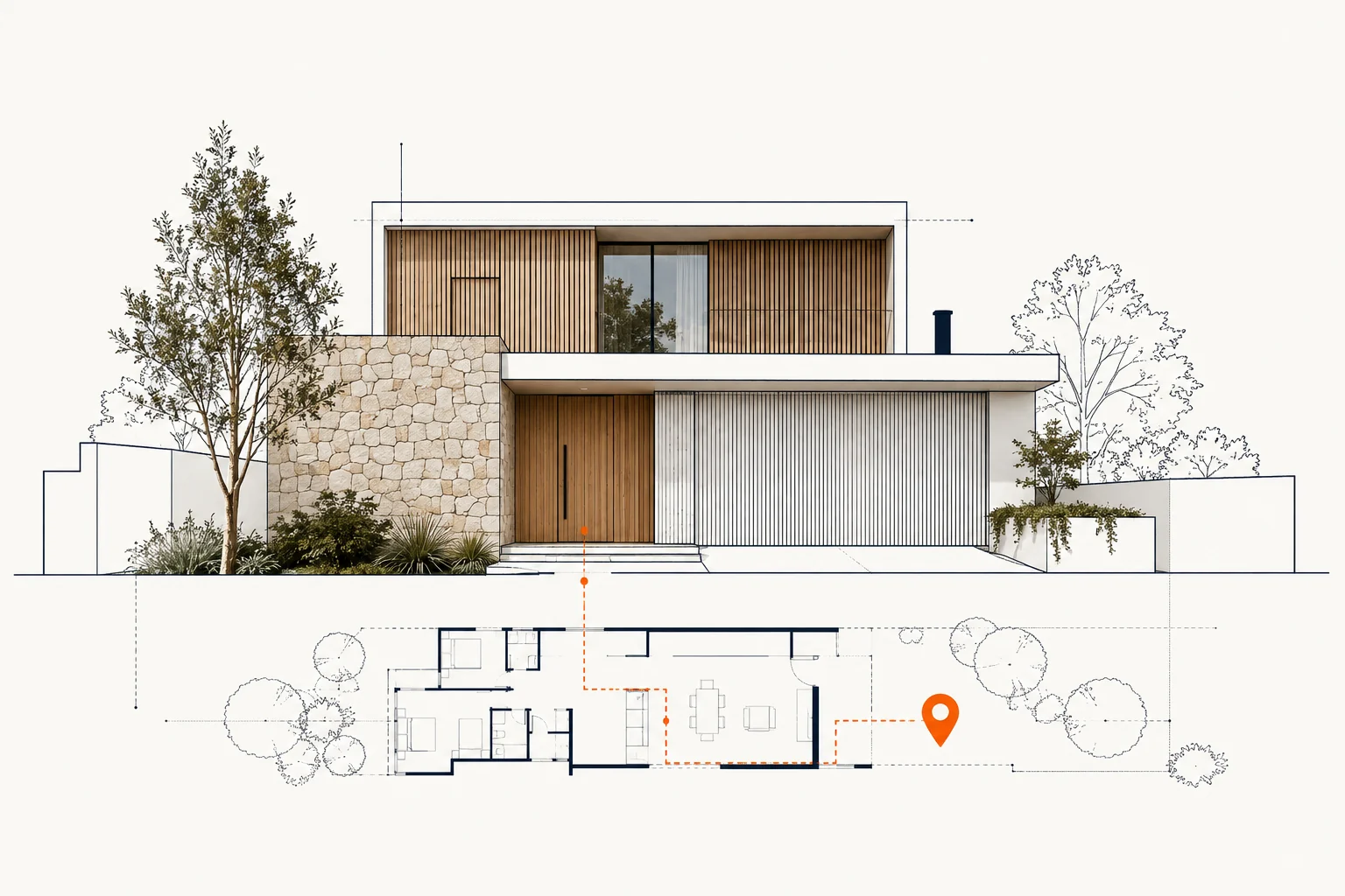 Editorial illustration of a contemporary home with architectural plans