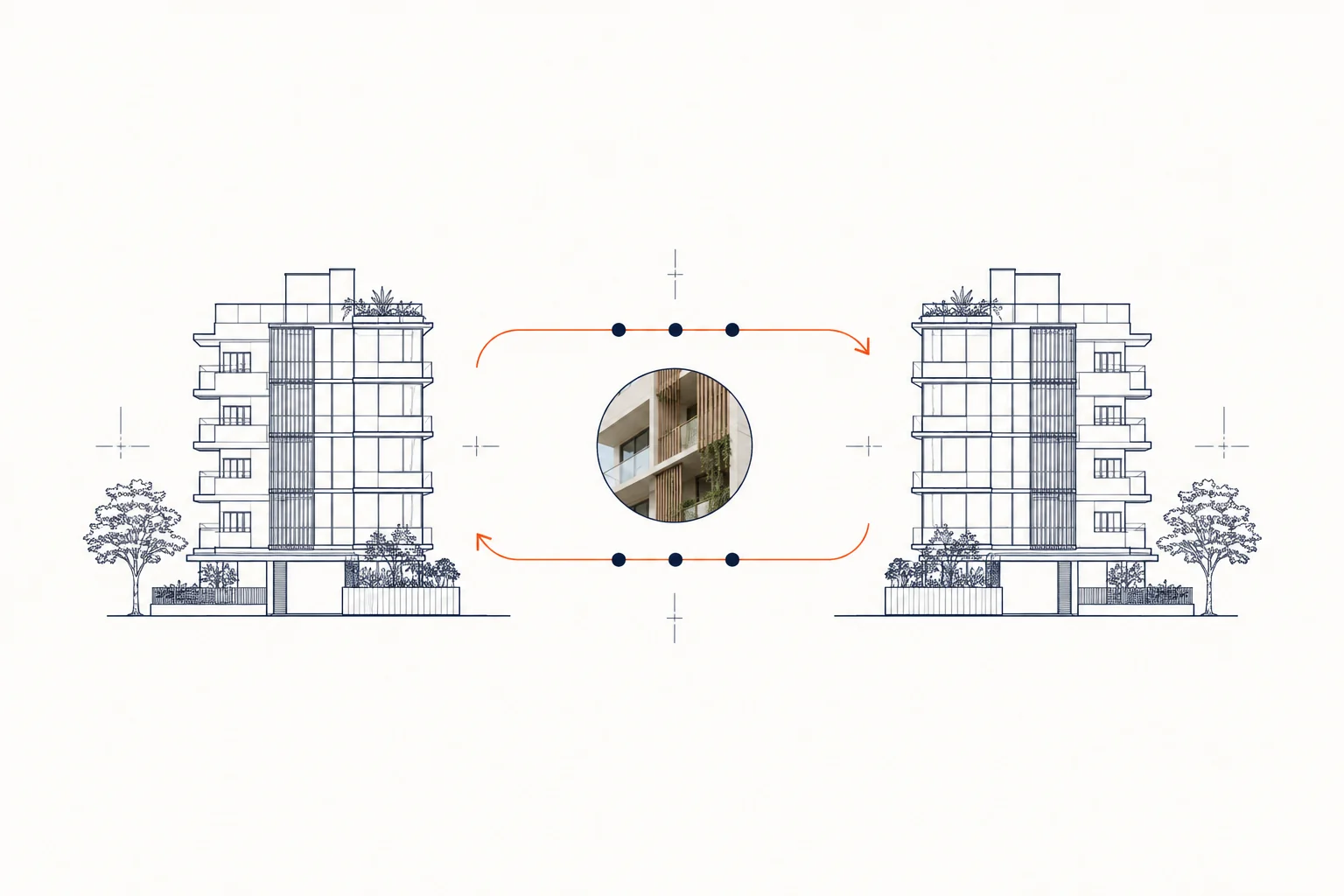 Concept illustration of property records synchronising between connected systems