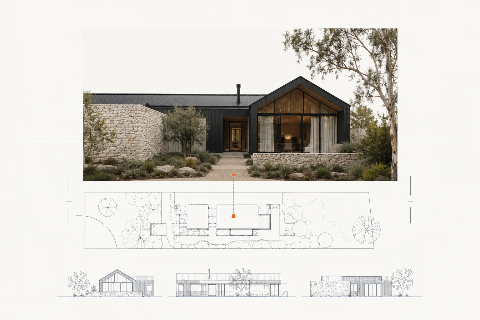 Concept property presentation with a home photograph, site plan and elevations