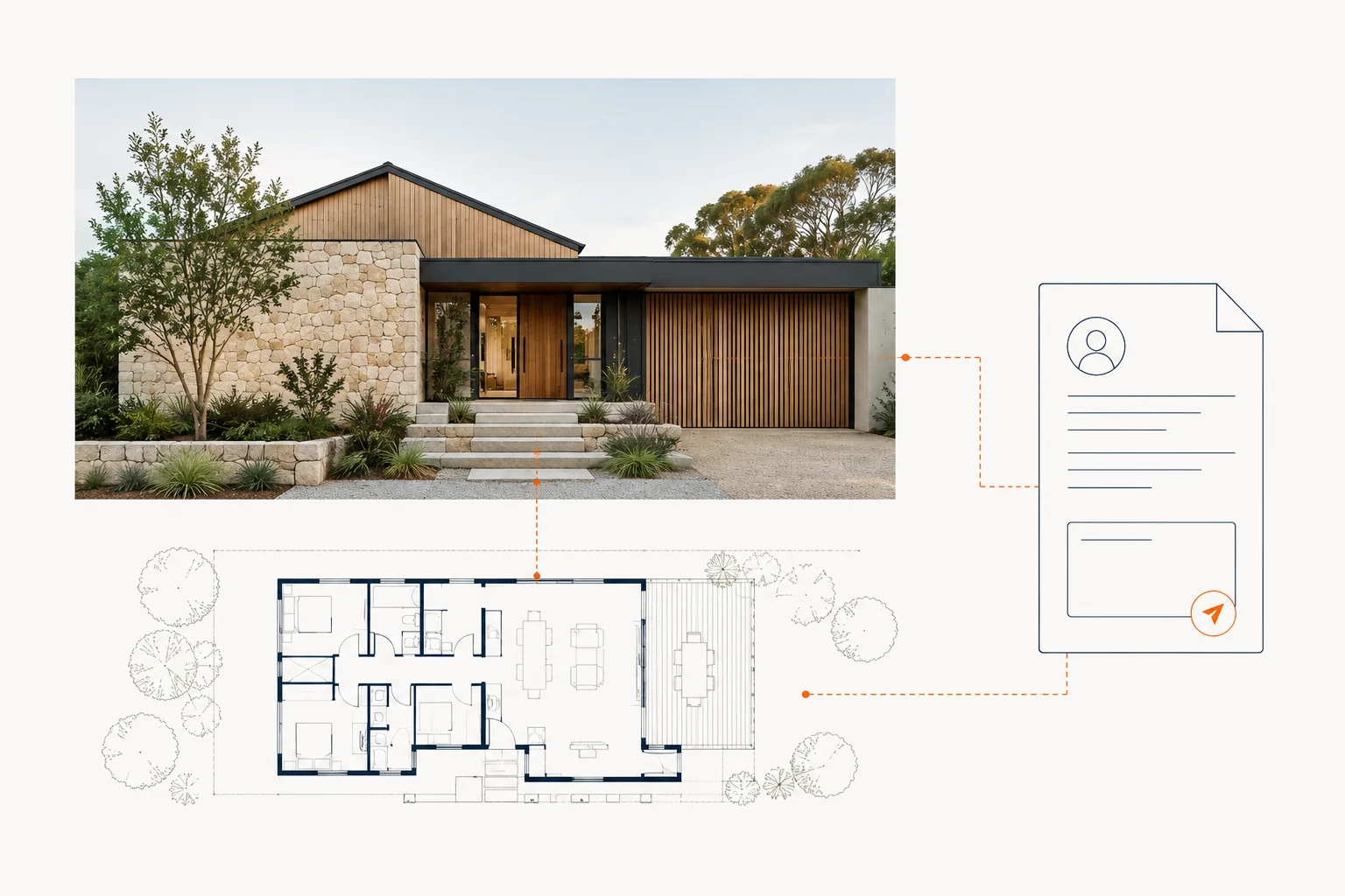Illustrated property journey from house photography and a floor plan to an enquiry.