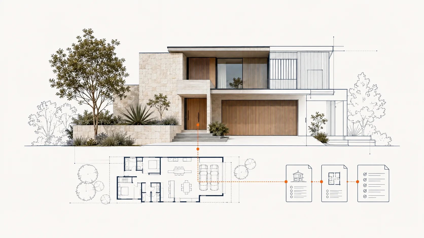 Architectural illustration connecting an Australian home, its floor plan and reusable website components.