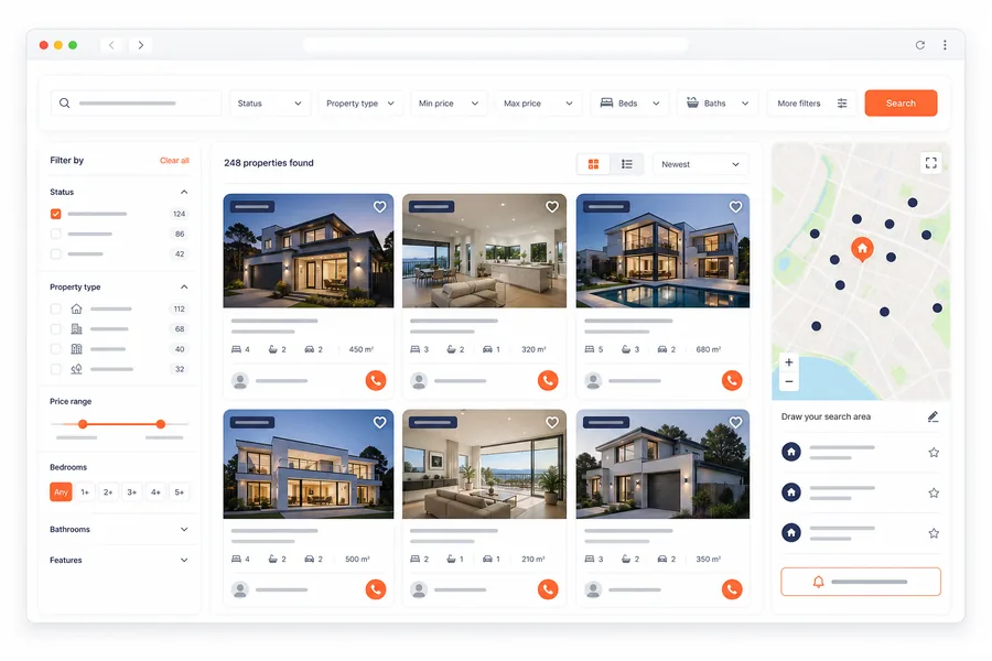 Property search interface with filters, listings and a map