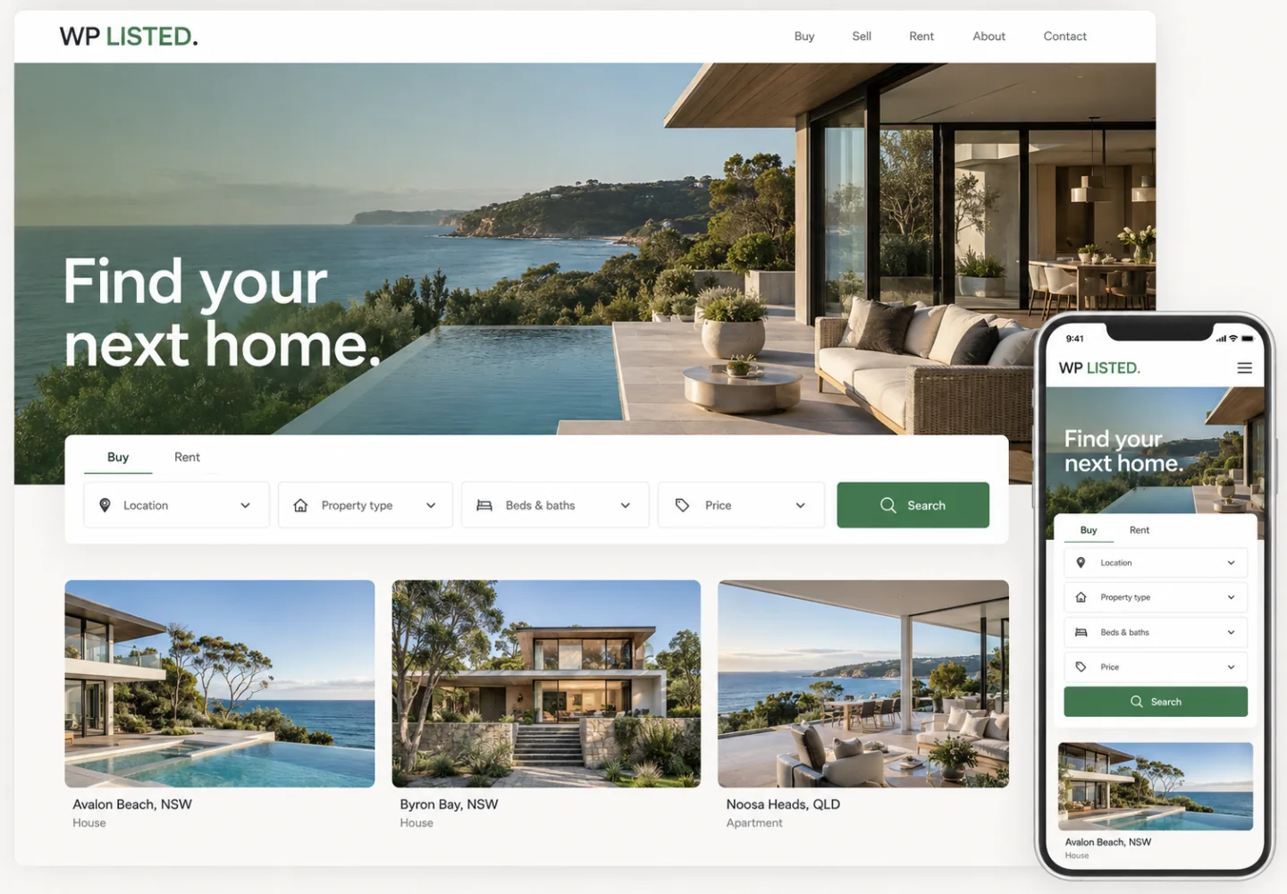 Property website illustration with desktop and mobile search