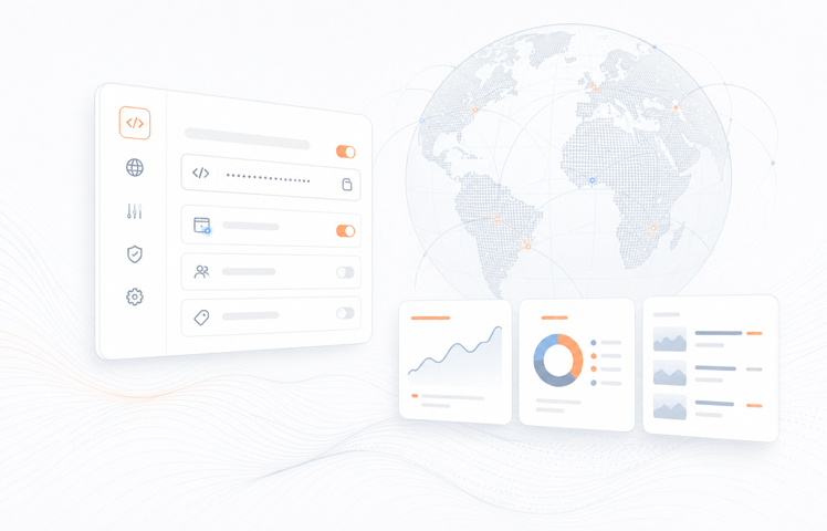 Connected globe beside Google tag settings and analytics dashboard cards