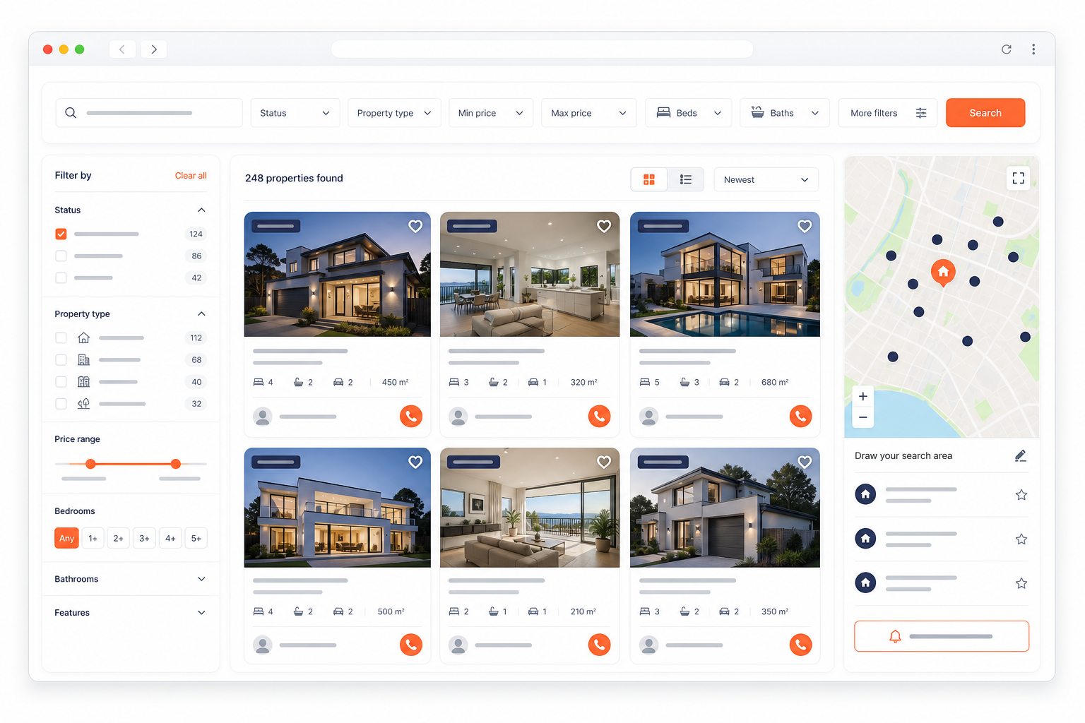 WP Listed property search, filters, listing cards and map preview